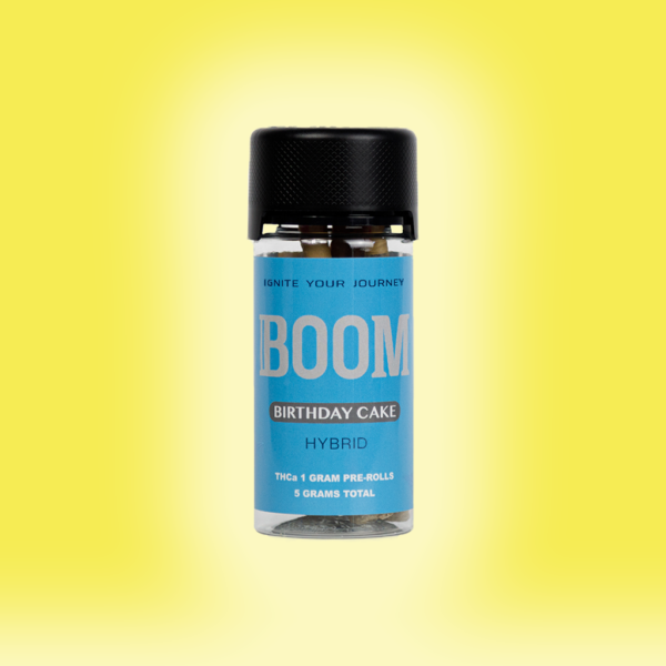 Birthday Cake THCa Flower Pre Roll. Sweet, vanilla aroma. Available in single count or 5 count container