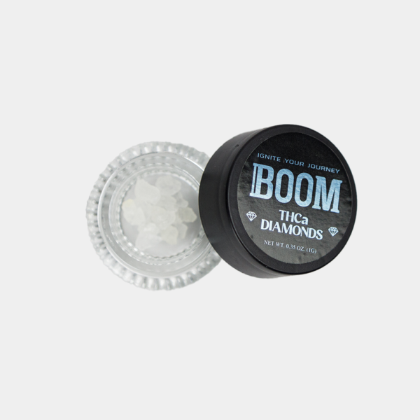 THCa Diamond Concentrate from Boom. Rocky, Crystal Appearance, Inside 1Gram Jar Container with lid