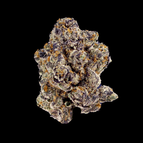 BOOM’s Groovy Grape THCa flower in 360 view, displaying vibrant purple and green buds with dense frosty trichomes
