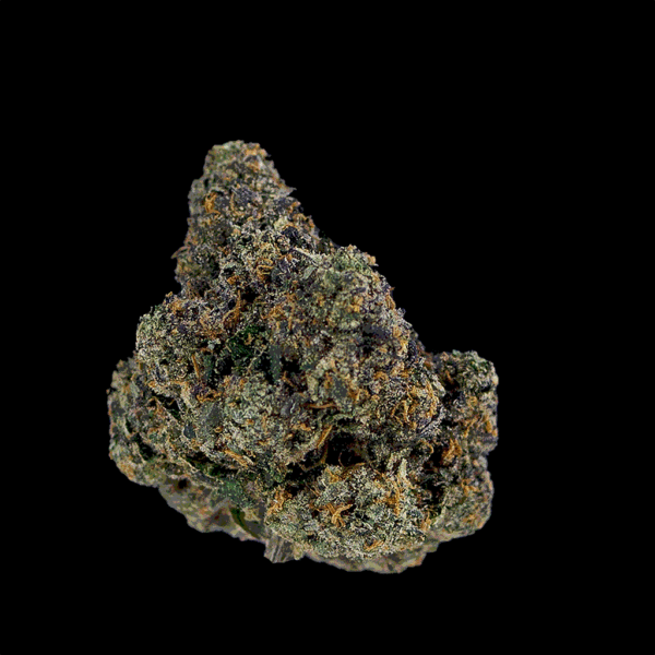 360 view of Jealousy THCa flower, showcasing vibrant green and purple hues with frosty trichomes, top shelf flower by BOOM