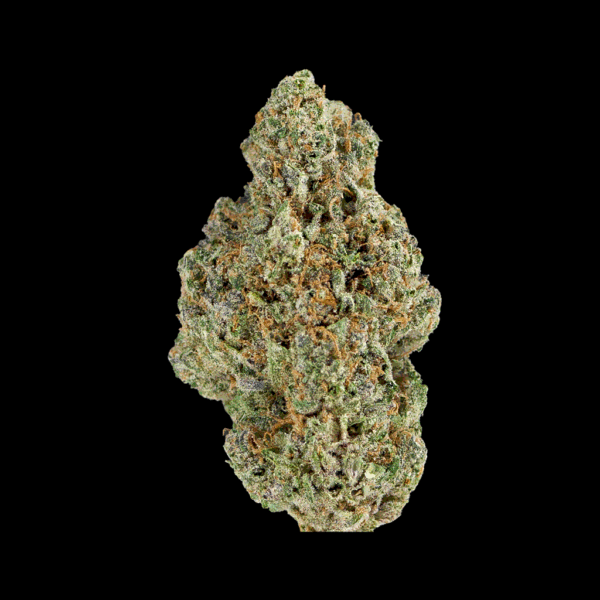 Rotating view of BOOM Oreoz THCa strain, displaying full bud structure, frosty trichomes, and earthy vanilla scent.