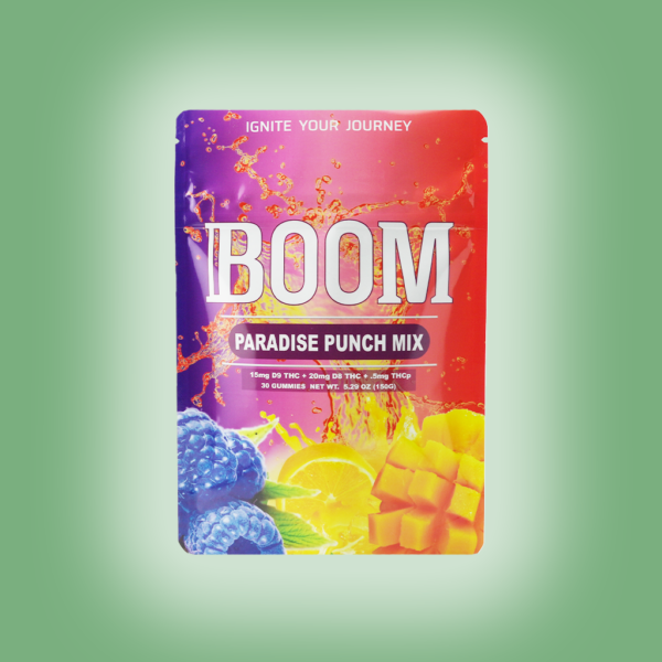 Boom Mylar for Paradise Punch Gummies, airtight and resealable for optimal freshness. Available in 10,30,60,120 quantities