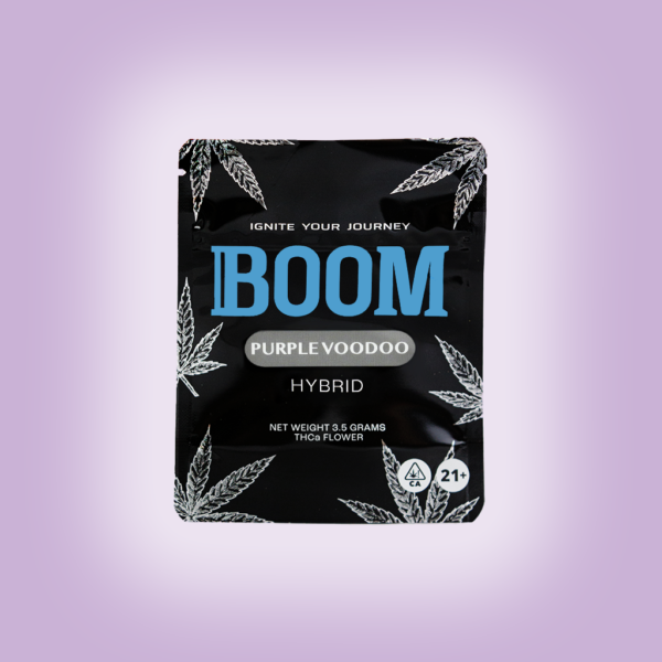 BOOM mylar packaging for Purple Voodoo THCa flower, airtight , light-resistant and resealable for optimal freshness and potency