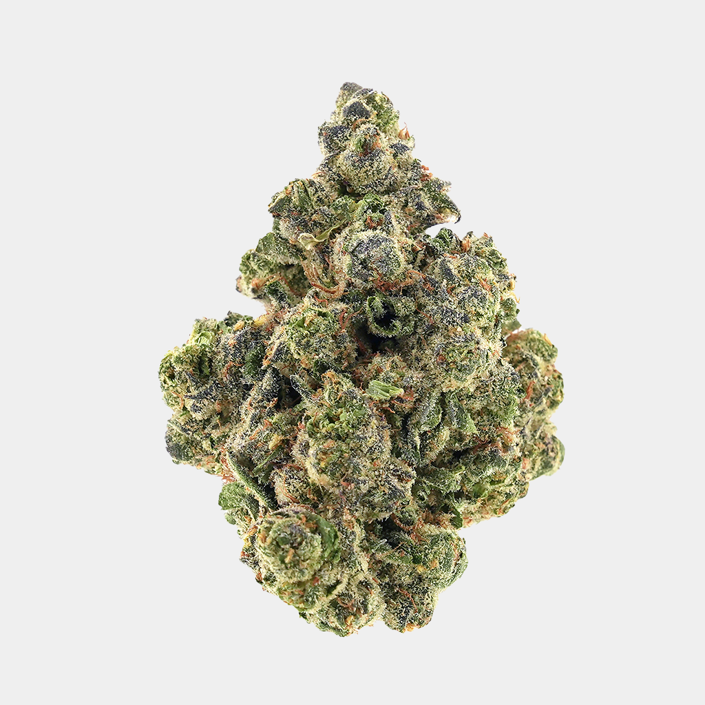 Strawberry Shortcake Premium THCa flower with, dense buds, frosty and vibrant green and purple hues, with berry aroma