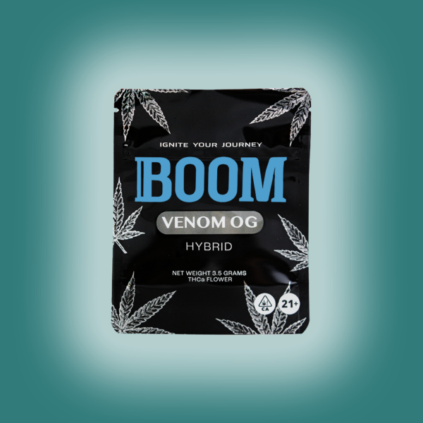 BOOM mylar packaging for Venom OG THCa flower, airtight , light-resistant and resealable for optimal freshness and potency