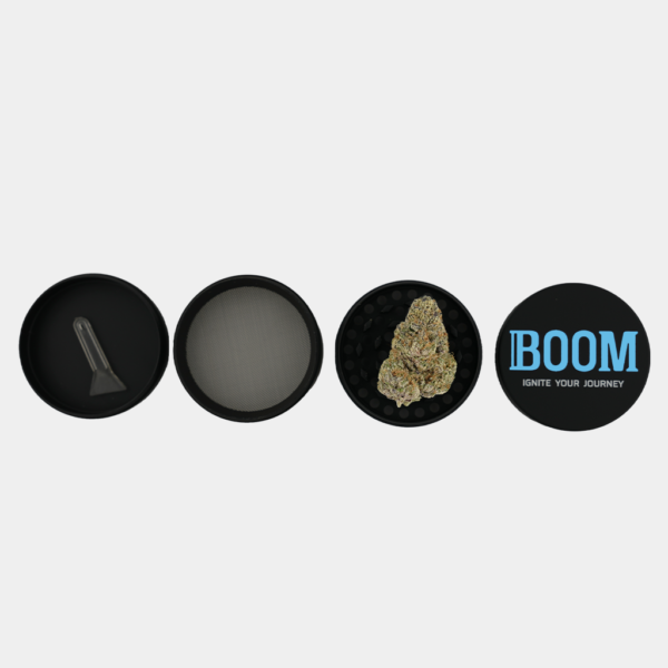 Boom Brand, 4 piece Flower Grinder showing, a grinding chamber, storing chamber, and kief catcher chamber