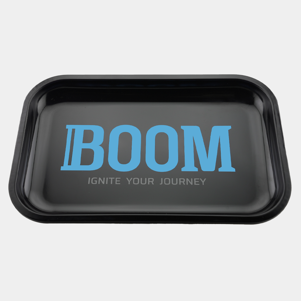 Boom Rolling Tray with logo. Perfect for keeping flower and pre rolls on.
