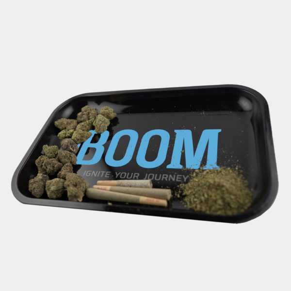 Boom Rolling Tray holding Flowers, grounded Flowers, and Prerolls